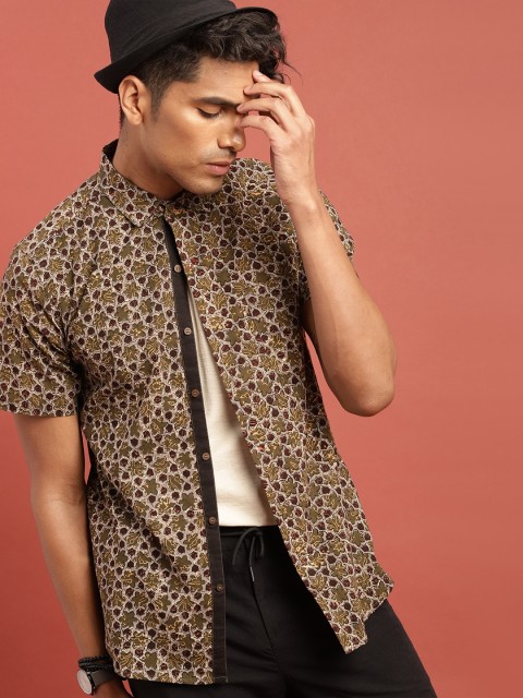 

Taavi Men Grey & Olive Green Block Print Legacy Casual Shirt with Roll-Up Sleeves