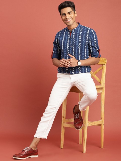 

Taavi Men Indigo Hand Block Printed Casual Sustainable Shirt with Roll-Up Sleeves, Navy blue