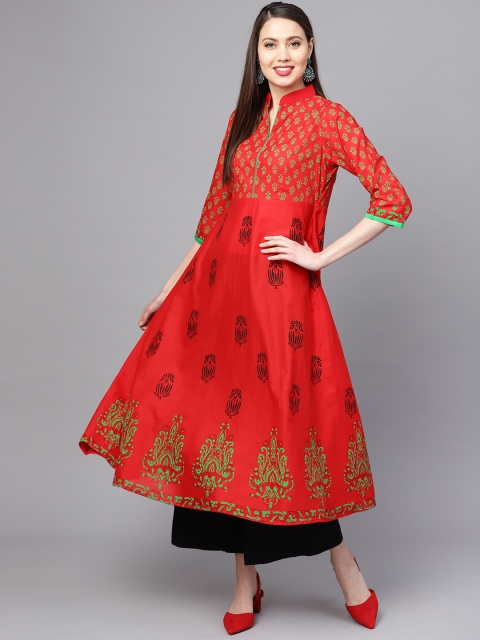 

ZOEYAMS Women Red & Green Block Print A-Line Kurta