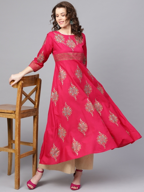 

ZOEYAMS Women Pink & Golden Block Print A-Line Kurta