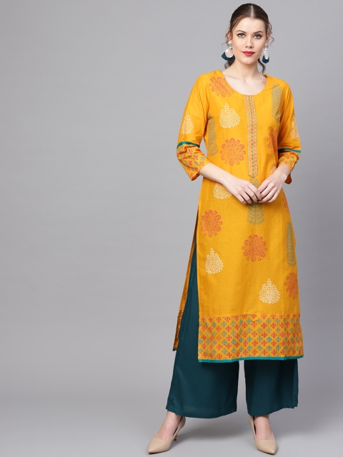 

ZOEYAMS Women Mustard Yellow & Red Block Print Straight Kurta