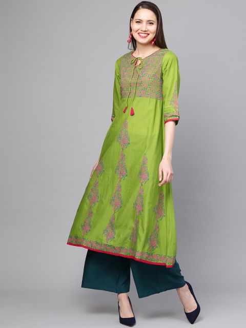 

ZOEYAMS Women Green & Pink Printed A-Line Kurta