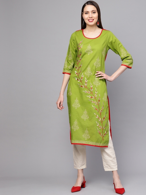 

ZOEYAMS Women Green & Red Printed Straight Kurta