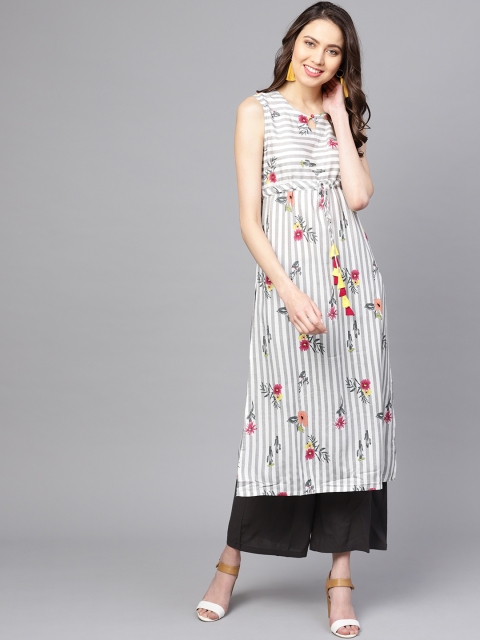 

ZOEYAMS Women White & Black Striped Straight Kurta