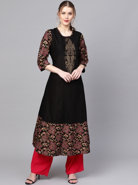 

ZOEYAMS Women Black & Pink Block Print A-Line Kurta