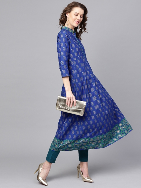 

ZOEYAMS Women Blue & Green Block Print A-Line Kurta