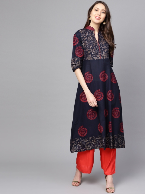 

ZOEYAMS Women Navy Blue & Pink Block Print A-Line Kurta