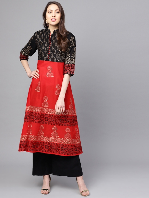 

ZOEYAMS Women Red & Black Block Print A-Line Kurta
