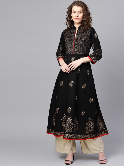 

ZOEYAMS Women Black & Golden Block Print A-Line Kurta