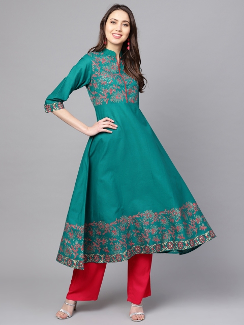

ZOEYAMS Women Green & Pink Printed A-Line Kurta