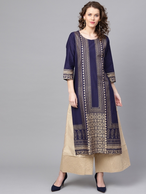 

ZOEYAMS Women Navy Blue & Golden Block Print Straight Kurta