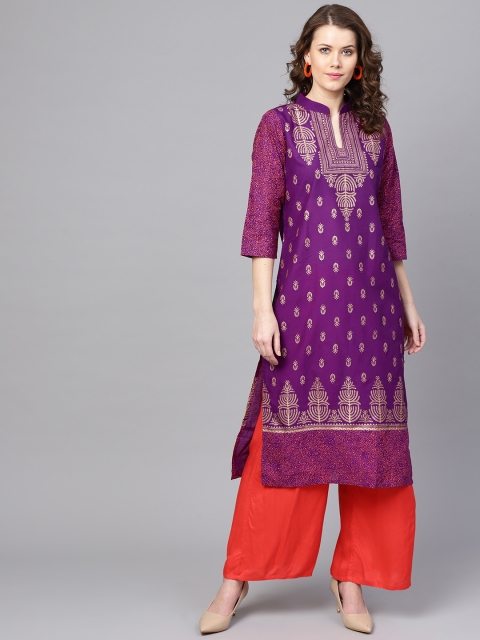 

ZOEYAMS Women Purple & Golden Block Print Straight Kurta