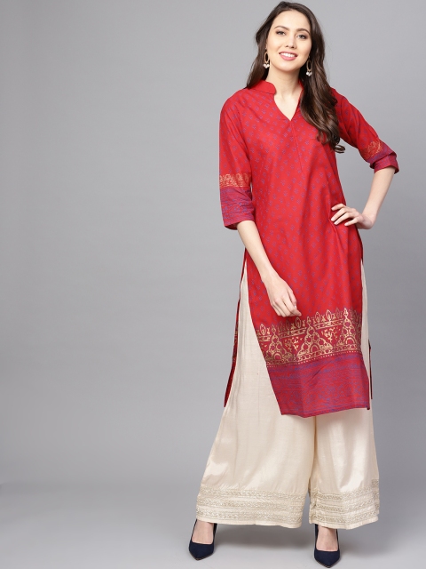

ZOEYAMS Women Red & Blue Block Print Straight Kurta