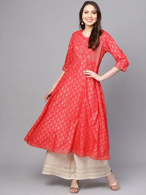 

ZOEYAMS Women Red & Golden Block Print A-Line Kurta