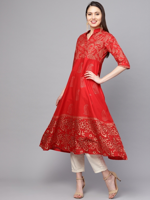 

ZOEYAMS Women Red & Golden Block Print A-Line Kurta