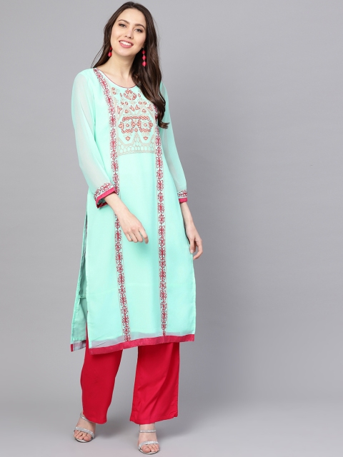 

ZOEYAMS Women Blue & Pink Embroidered Straight Kurta