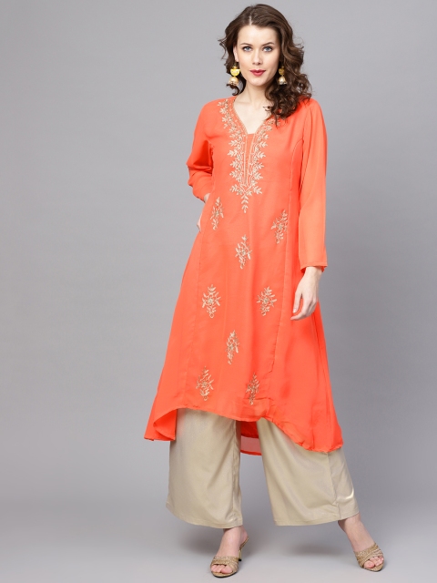 

ZOEYAMS Women Orange & Golden Embroidered A-Line Kurta