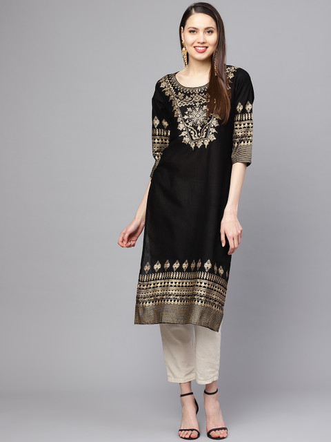 

ZOEYAMS Women Black & Golden Block Print Straight Kurta
