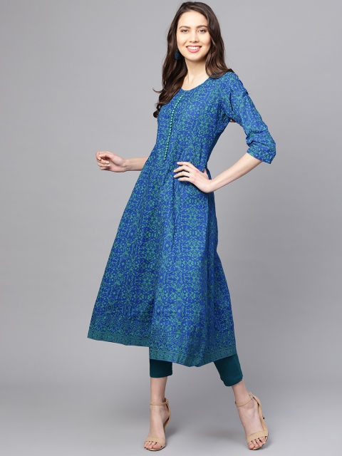

ZOEYAMS Women Blue & Green Block Print A-Line Kurta