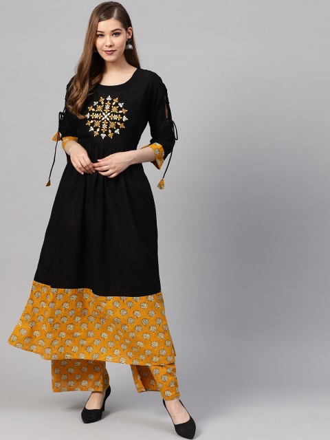

ZOEYAMS Women Black & Mustard Yellow Embroidered Detail Kurta with Palazzos