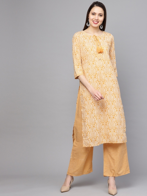 

ZOEYAMS Women Mustard Yellow & White Printed Kurta with Palazzos