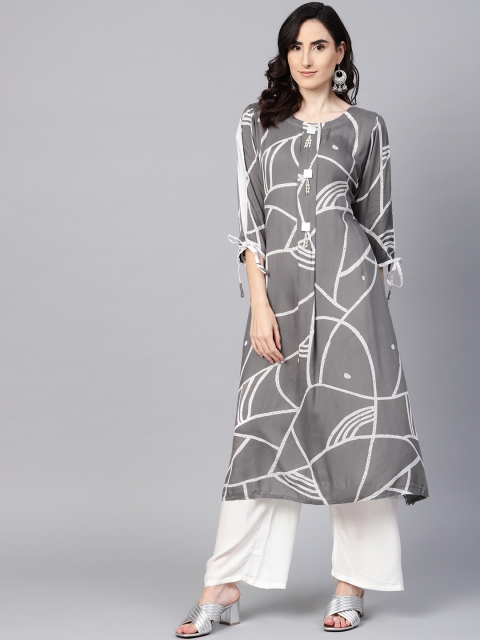 

ZOEYAMS Women Grey & White Printed Kurta with Palazzos