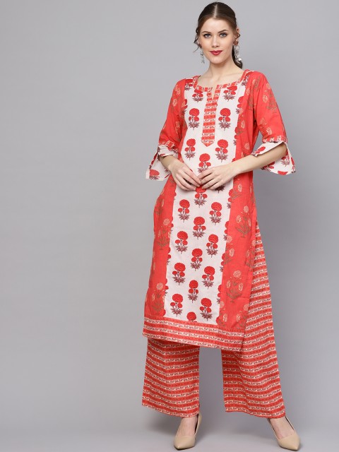 

ZOEYAMS Women Coral Orange & White Printed Kurta with Palazzos