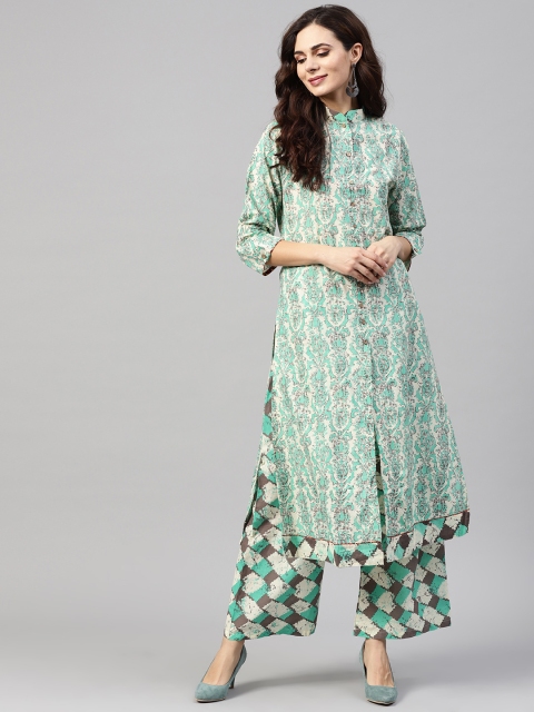 

ZOEYAMS Women Beige & Sea Green Printed Kurta with Palazzos