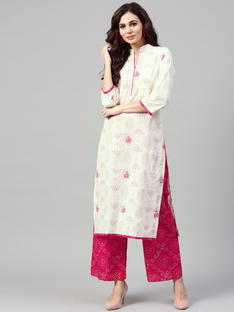 

ZOEYAMS Women White & Pink Printed Kurta with Palazzos