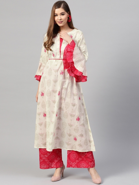

ZOEYAMS Women Off-White & Red Printed Kurta with Palazzos