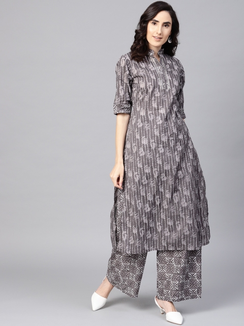 

ZOEYAMS Women Grey & White Striped Kurta with Palazzos