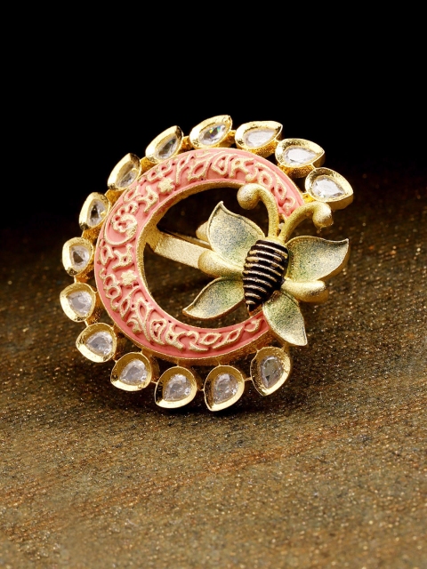 

Priyaasi Gold-Plated & Pink Kundan Stone-Studded Enamelled Adjustable Finger Ring