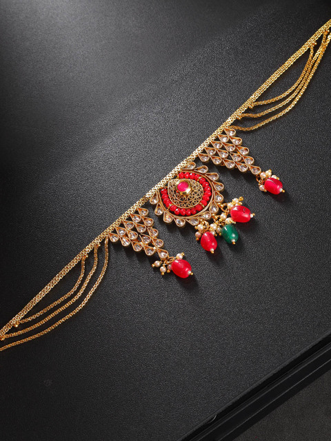 

Priyaasi Gold-Toned & Pink Multistranded Stone-Studded & Beaded Waist Chain