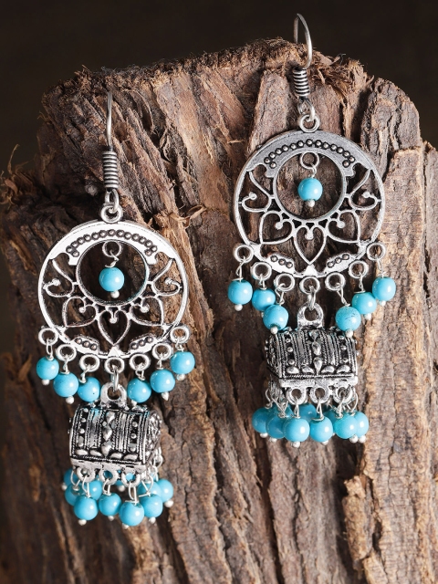 

Priyaasi Silver-Toned & Turquoise Blue Silver-Plated Circular Drop Earrings