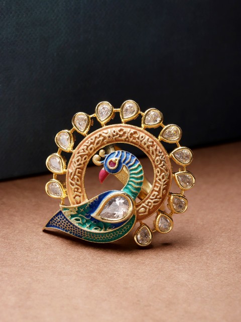

Priyaasi Blue Gold-Plated Kundan Peacock Shaped Enamelled Handcrafted Adjustable Ring