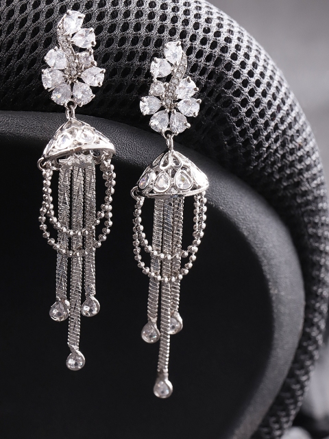 

Priyaasi Silver-Plated American Diamond-Studded Tasselled Drop Earrings