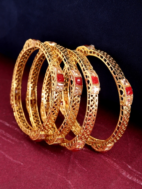 

Priyaasi Set of 4 Red Gold-Plated Stone-Studded Handcrafted Bangles