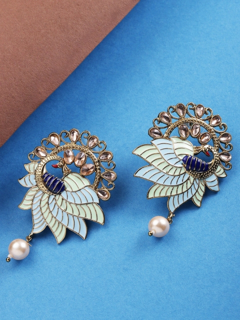 

Priyaasi Blue & Green Gold-Plated Handcrafted Peacock Shaped Drop Earrings