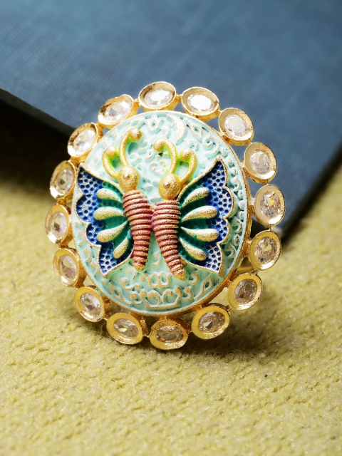 

Priyaasi Green Gold-Plated Kundan Butterfly Shaped Enamelled Handcrafted Adjustable Ring