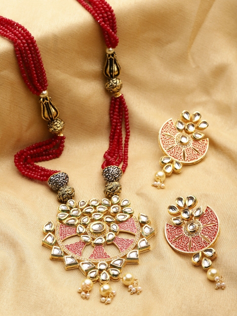 

Priyaasi Red Gold-Plated Kundan-Studded Enamelled Jewellery Set