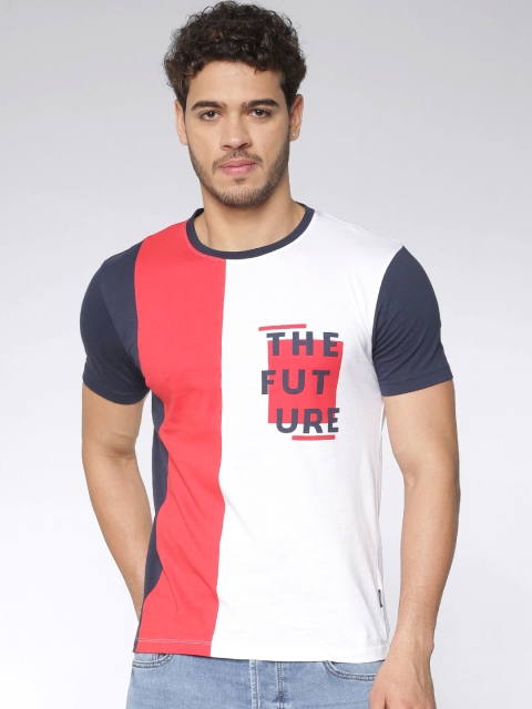 

ONLY & SONS Men Coral Red & White Colourblocked Round Neck T-shirt