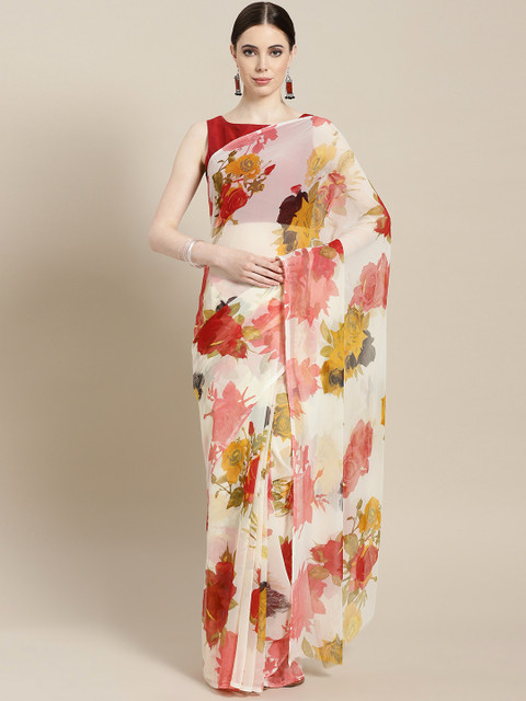 

Four Seasons Off-White & Red Printed Saree