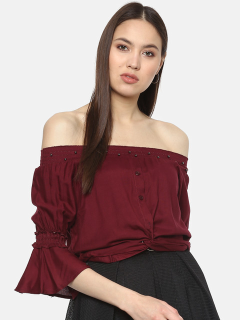 

ANTS Women Maroon Solid Bardot Crop Top