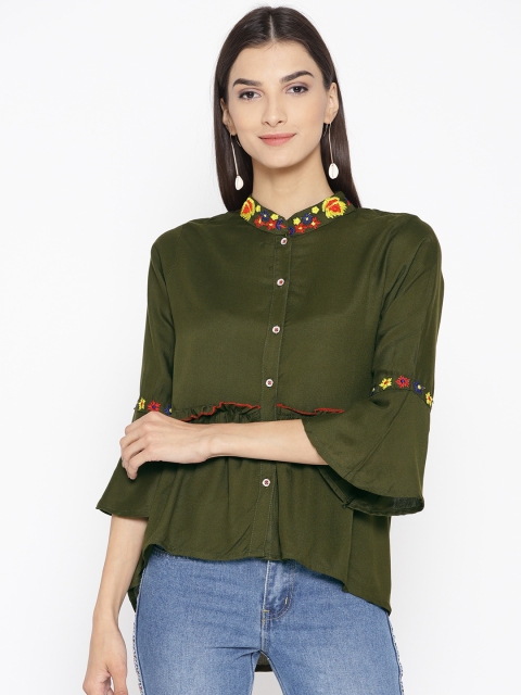 

ANTS Women Olive Green Solid A-Line Top