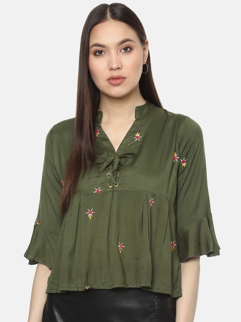 

ANTS Women Olive Green Embroidered A-Line Top