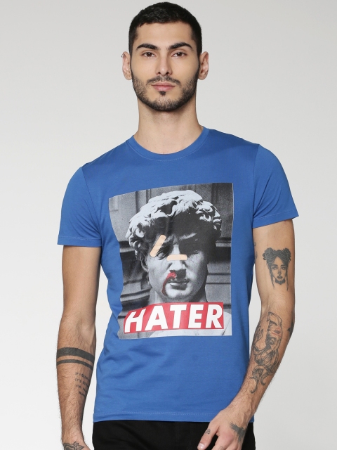 

ONLY & SONS Men Blue Printed Round Neck T-shirt