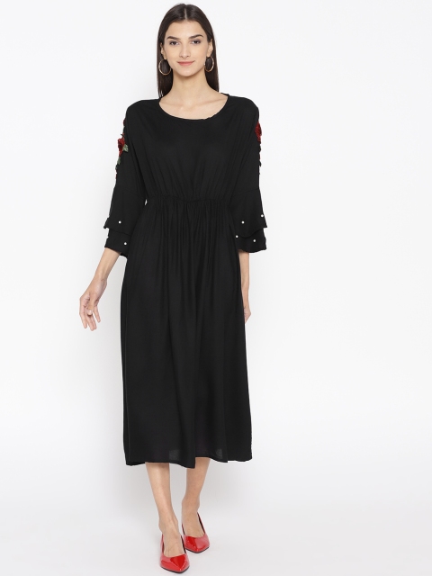 

ANTS Women Black Solid Midi A-Line Dress