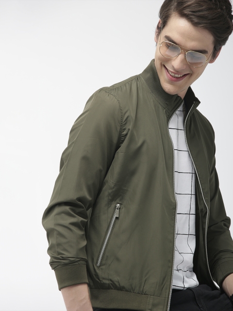 

Mast & Harbour Men Olive Green Solid Bomber Jacket