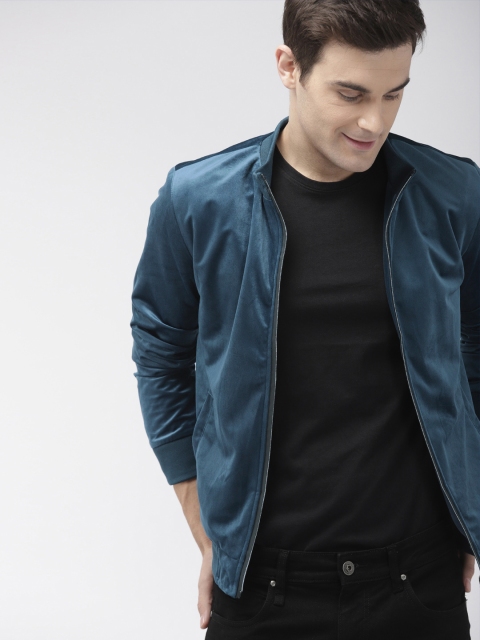 

Mast & Harbour Men Blue Velvet Solid Bomber Jacket