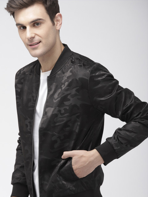 

Mast & Harbour Men Black Self Design Bomber Jacket